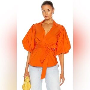 Jonathan Simkhai $295 Waverly Wrap Blouse,  Color Poppy Top Size Small